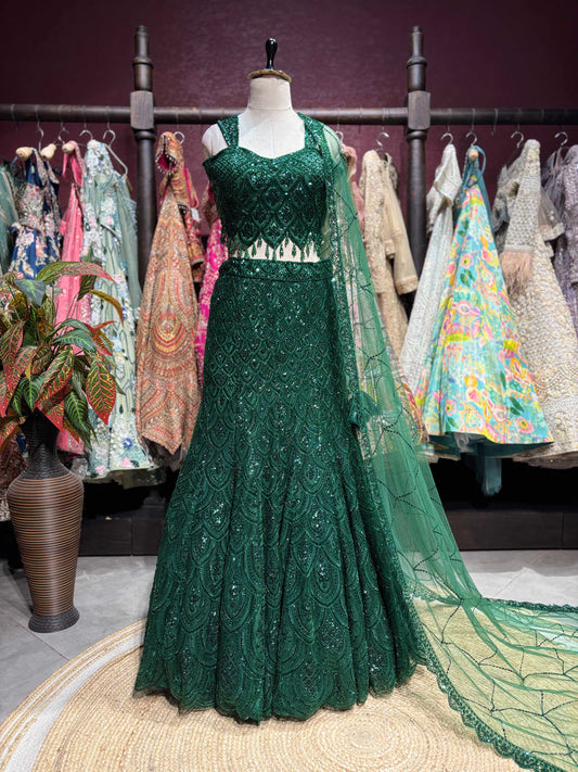 Emerald Green Embellished Designer Fish Cut Lehenga Set