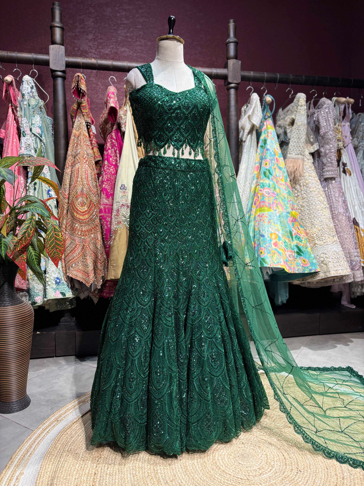 Emerald Green Embellished Designer Fish Cut Lehenga Set