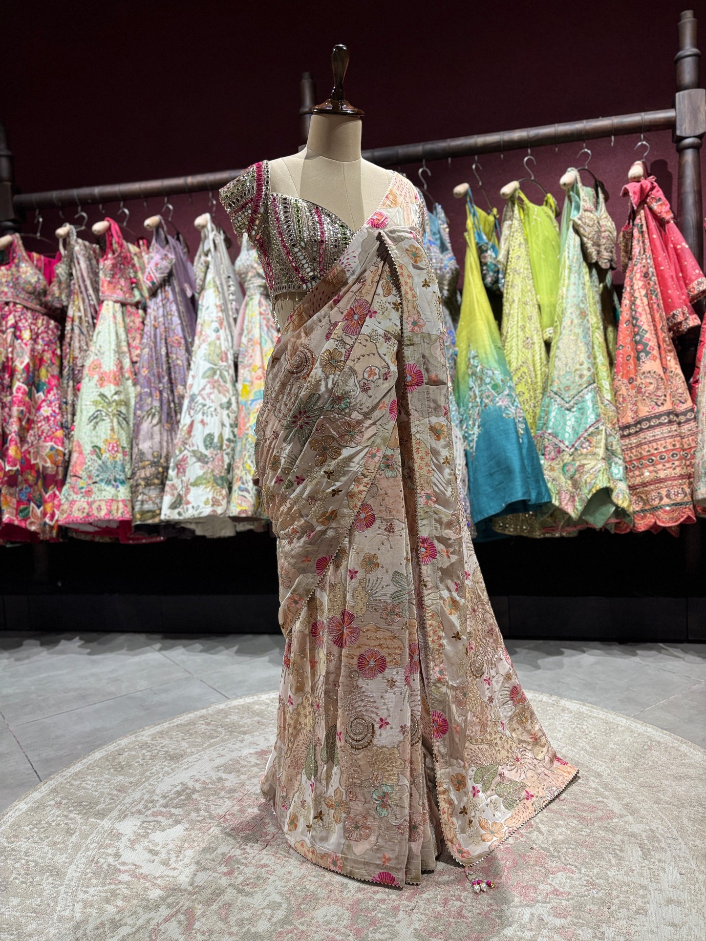 Grand Pastel Beige Floral Embroidered Designer Saree