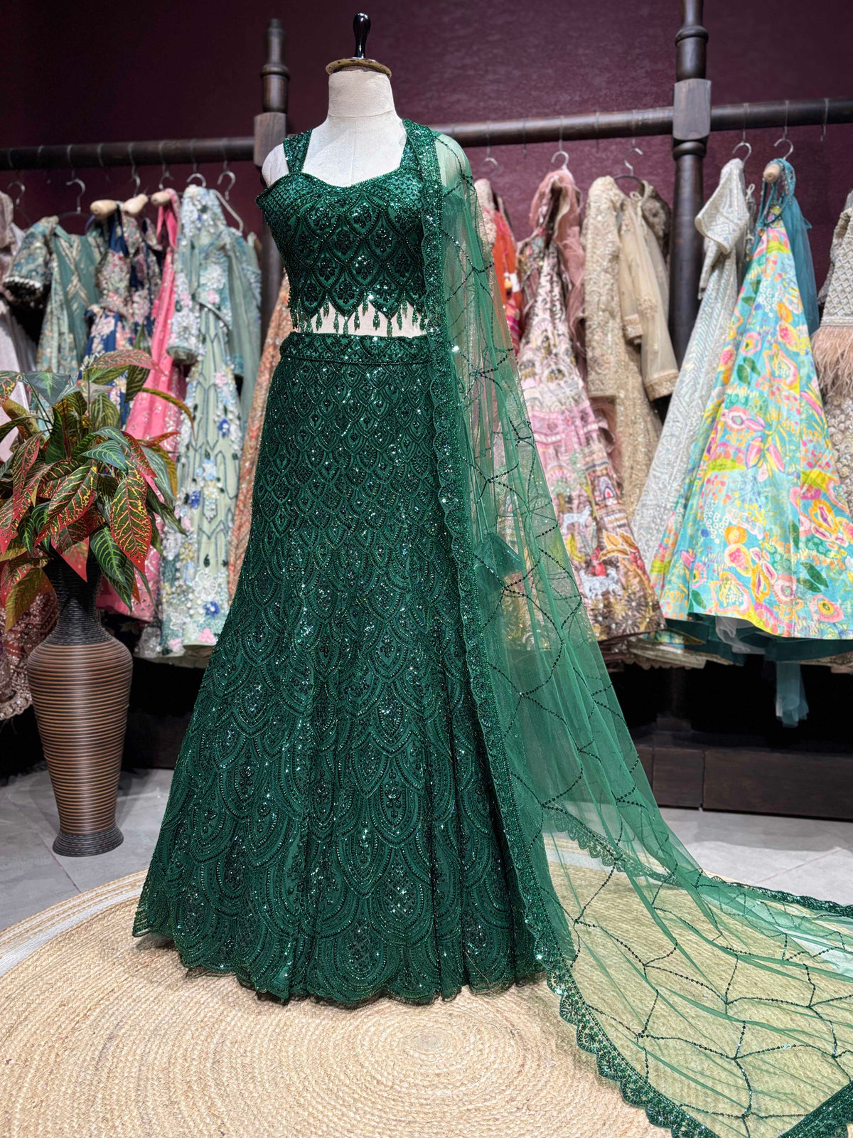 Emerald Green Embellished Designer Fish Cut Lehenga Set