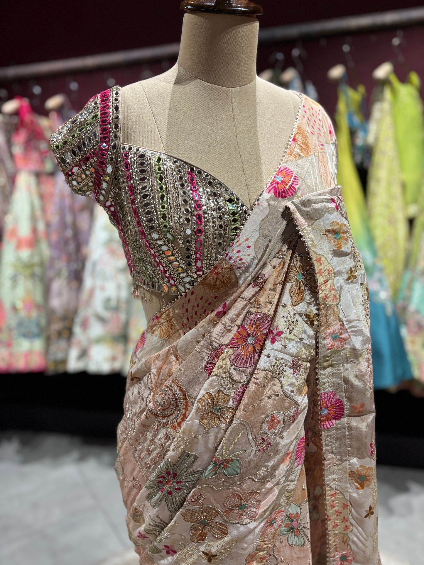 Grand Pastel Beige Floral Embroidered Designer Saree