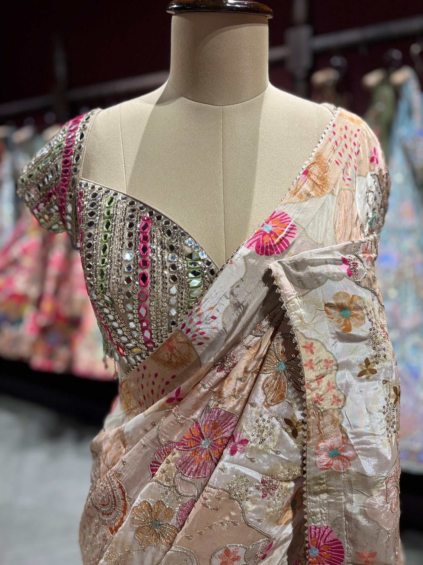 Grand Pastel Beige Floral Embroidered Designer Saree