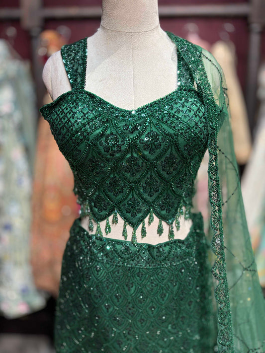 Emerald Green Embellished Designer Fish Cut Lehenga Set