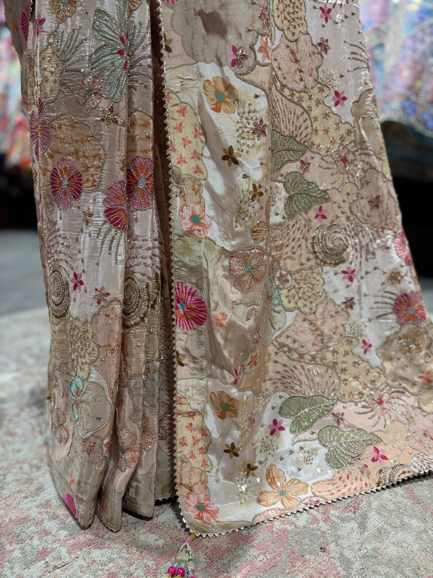 Grand Pastel Beige Floral Embroidered Designer Saree