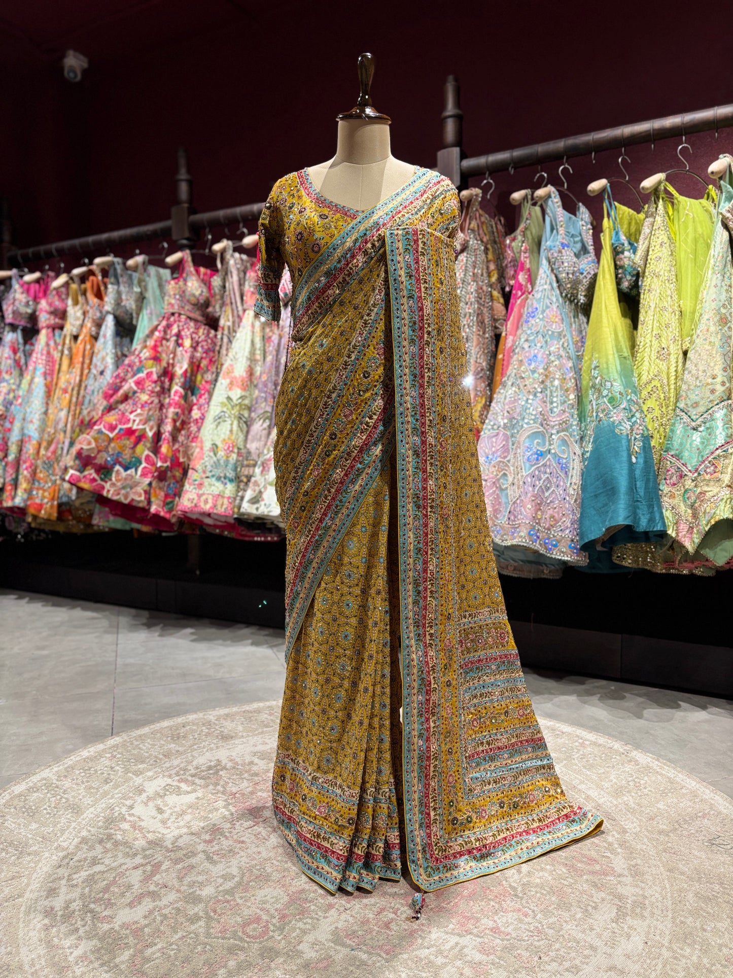 Mustard Yellow Printed Designer Saree with Multicolor Border