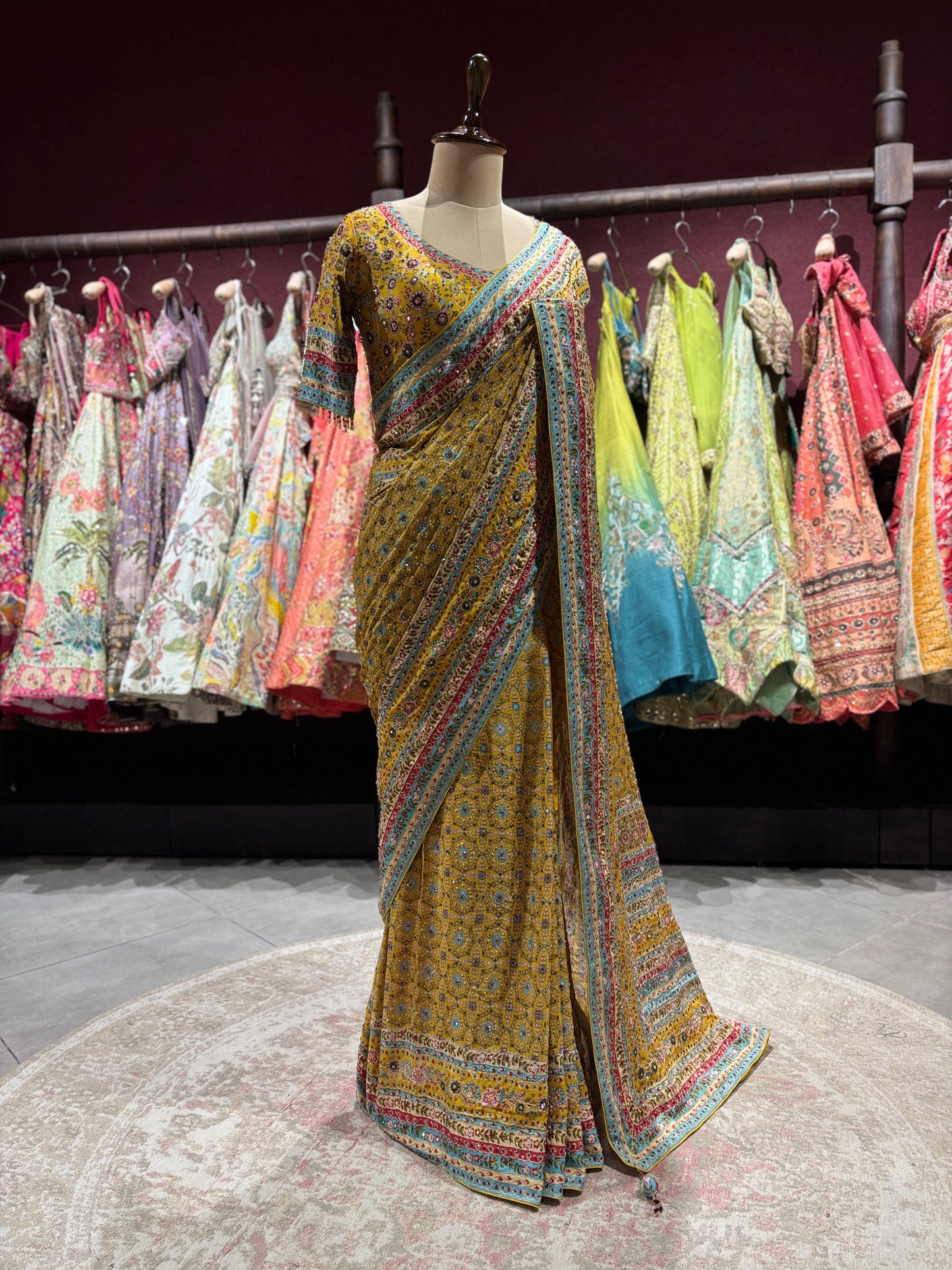 Mustard Yellow Printed Designer Saree with Multicolor Border