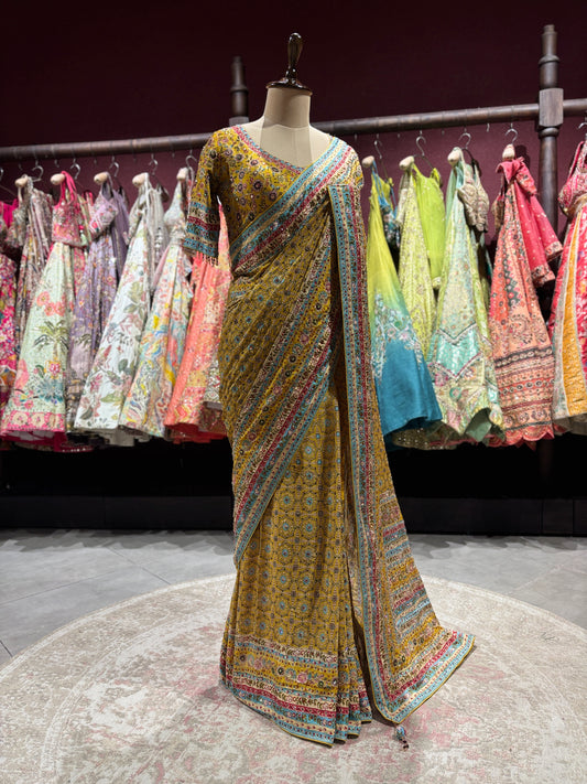 Mustard Yellow Printed Designer Saree with Multicolor Border