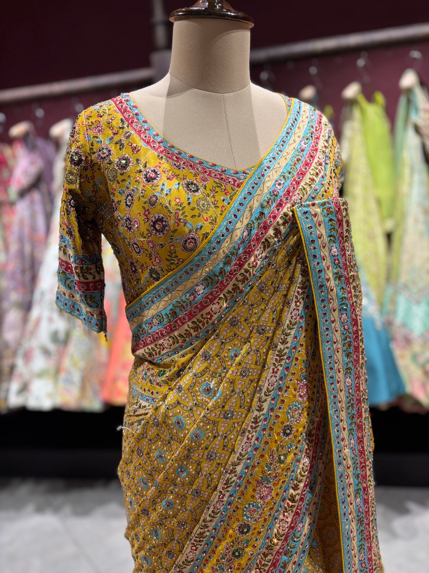 Mustard Yellow Printed Designer Saree with Multicolor Border