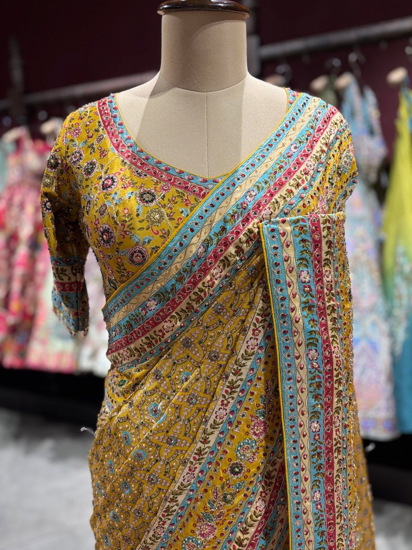 Mustard Yellow Printed Designer Saree with Multicolor Border