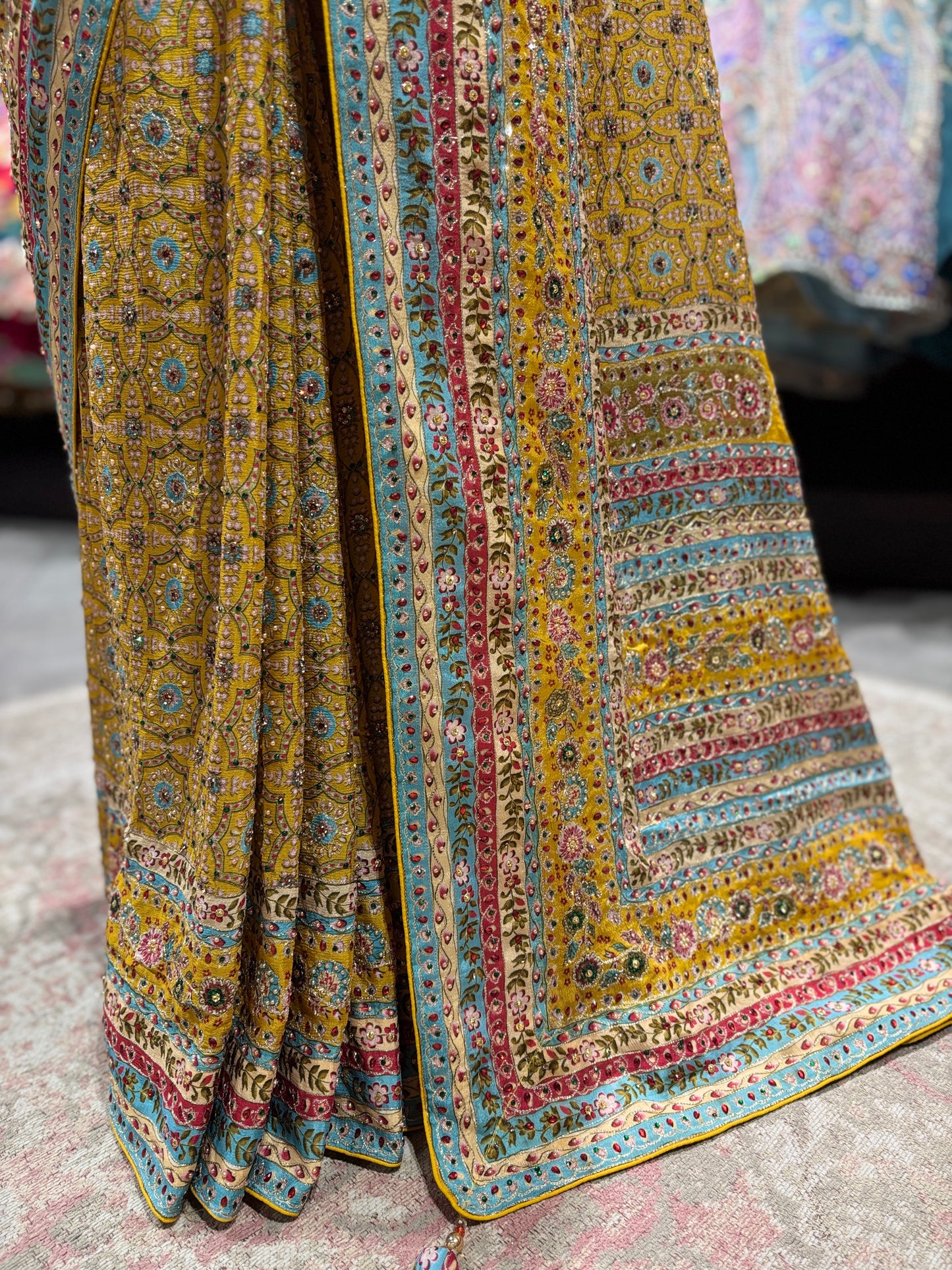 Mustard Yellow Printed Designer Saree with Multicolor Border