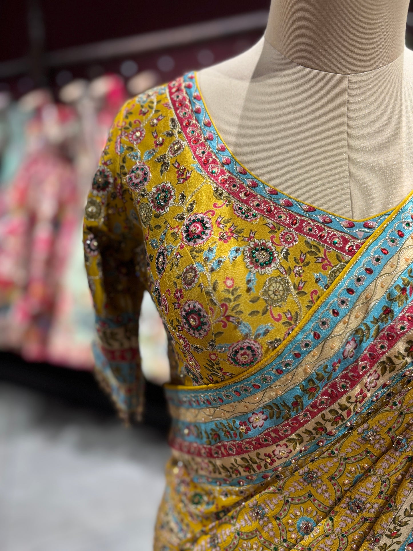 Mustard Yellow Printed Designer Saree with Multicolor Border