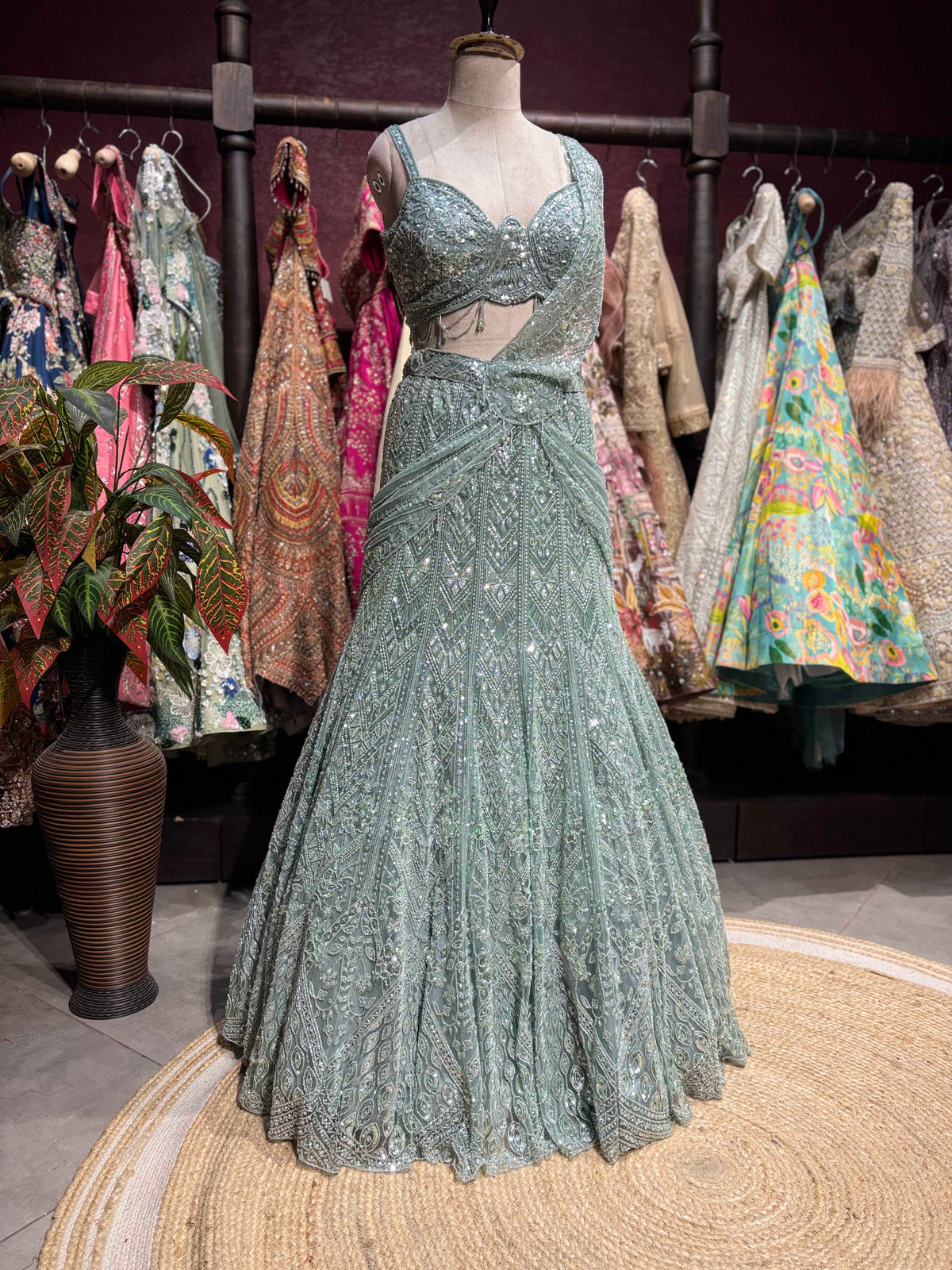 Sage Green Fish Cut Embroidered Designer Lehenga Set