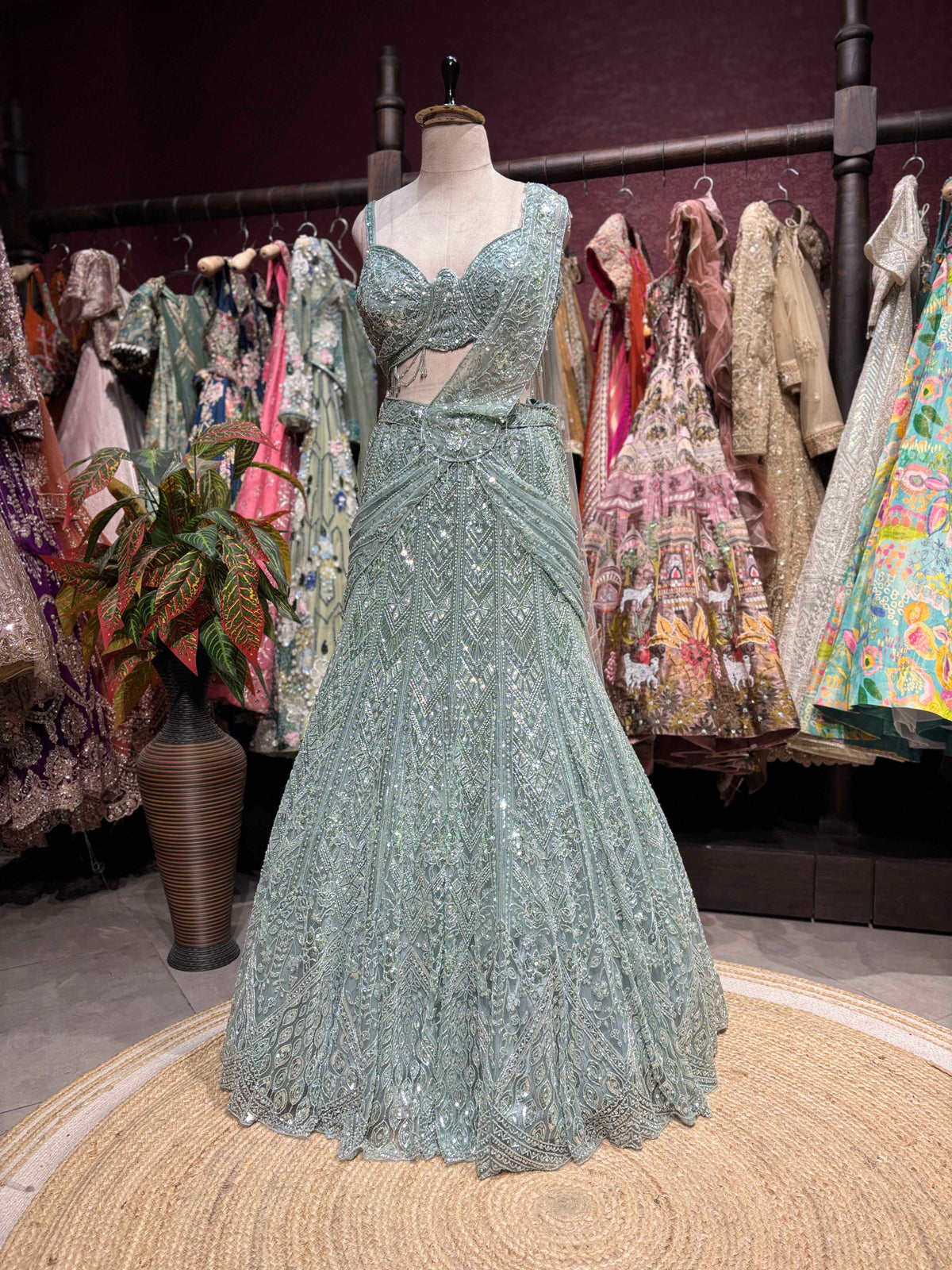 Sage Green Fish Cut Embroidered Designer Lehenga Set