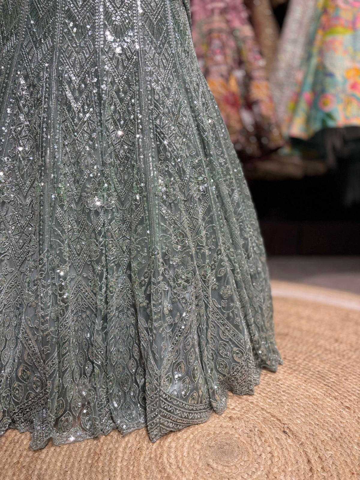 Sage Green Fish Cut Embroidered Designer Lehenga Set