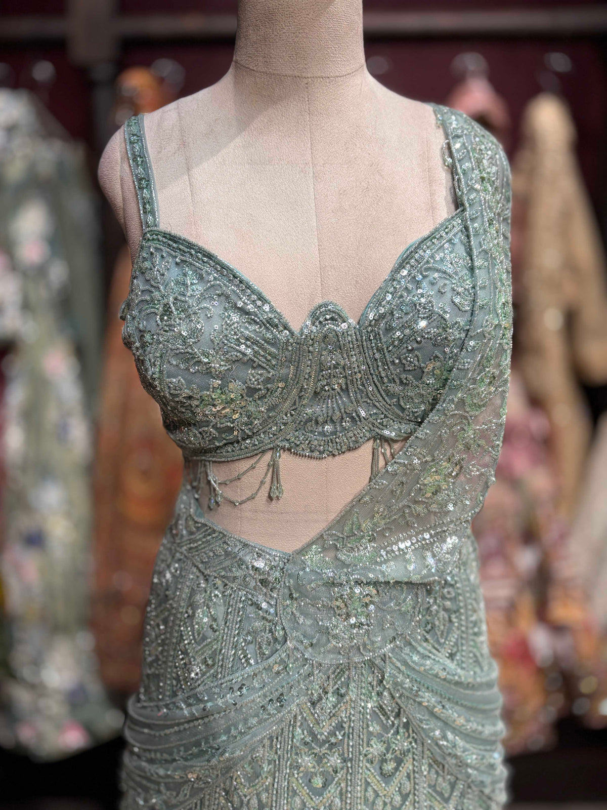 Sage Green Fish Cut Embroidered Designer Lehenga Set