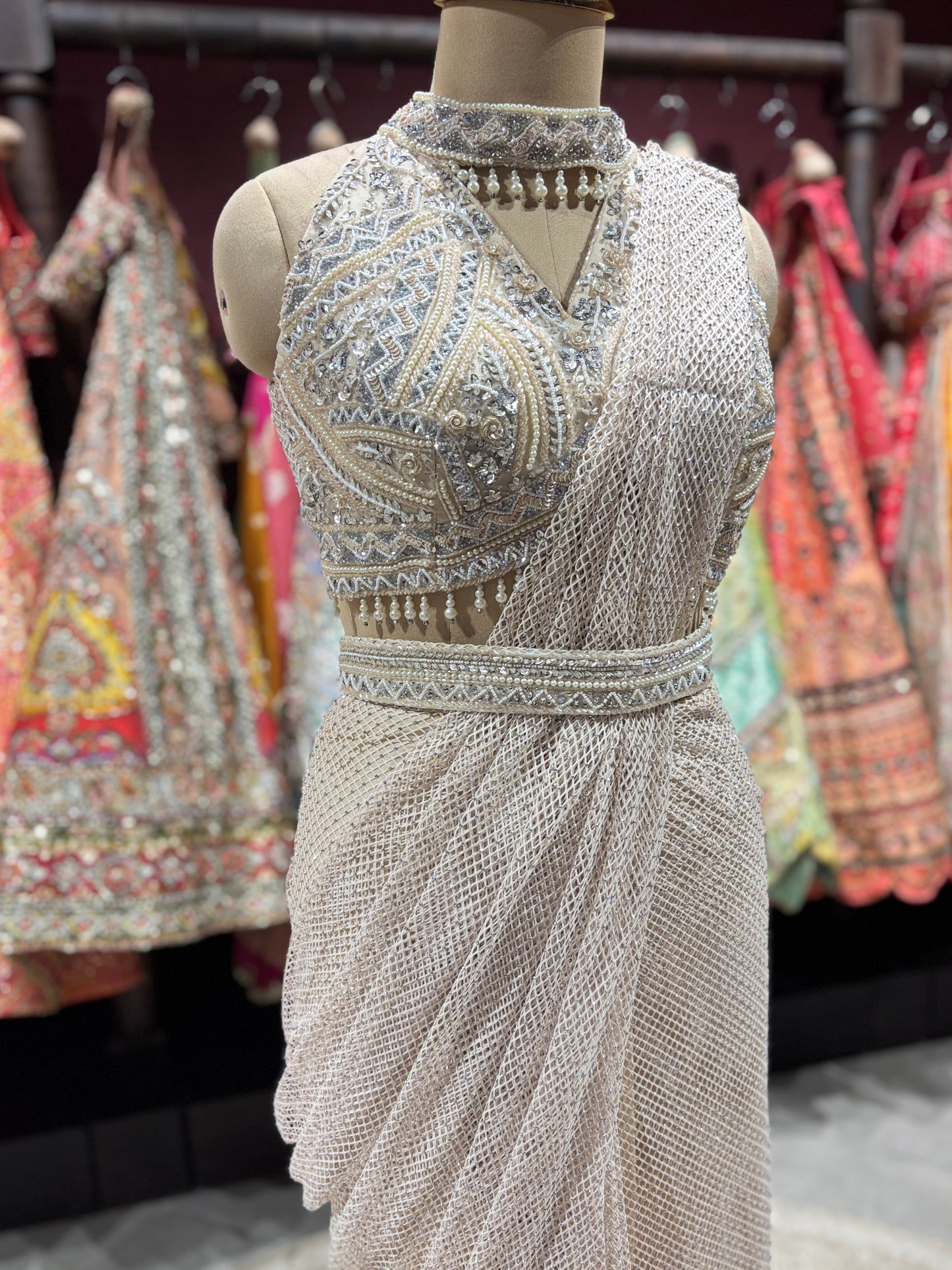 White Net Embroidered Designer Party Wear Drape Saree