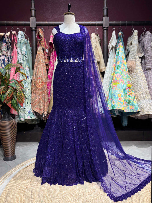 Royal Blue Sequin Embroidered Fish Cut Lehenga Set