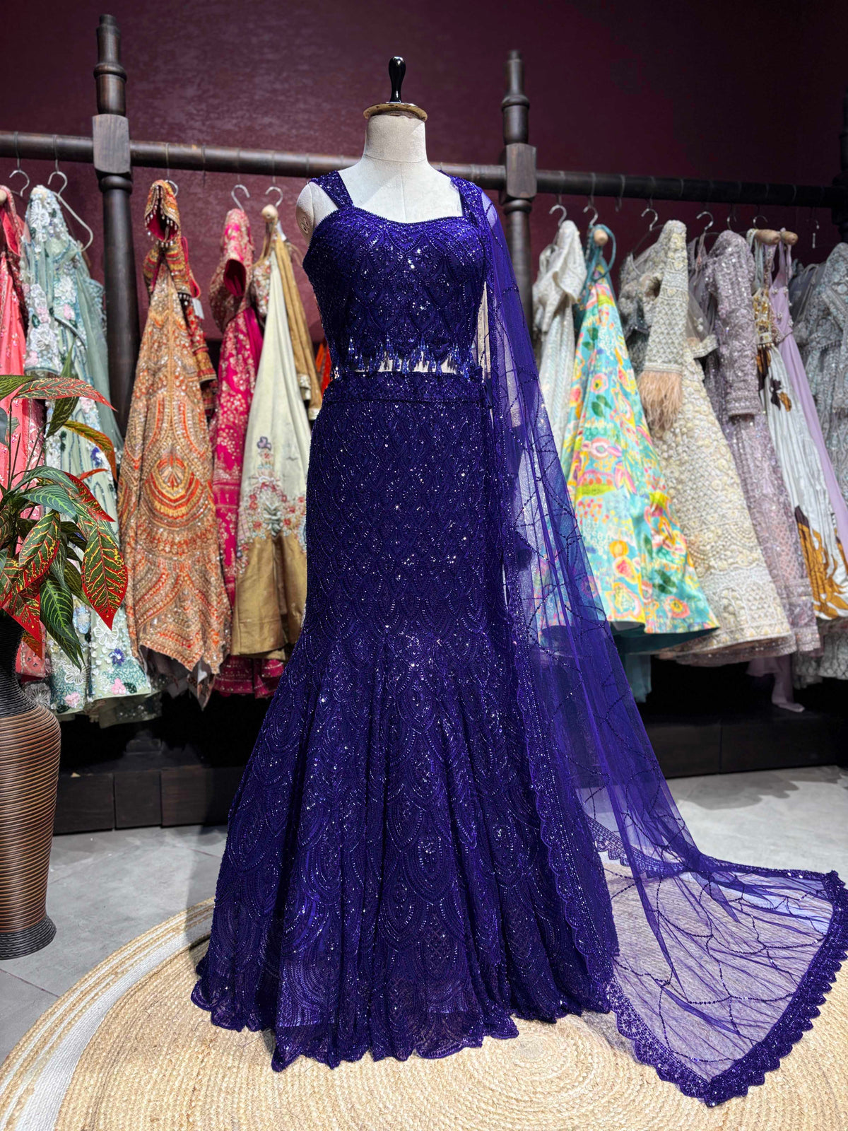 Royal Blue Sequin Embroidered Fish Cut Lehenga Set