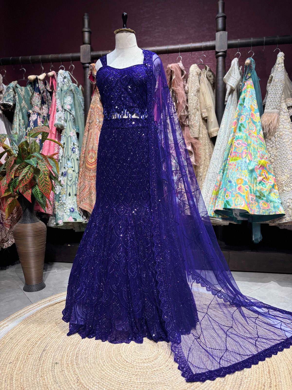 Royal Blue Sequin Embroidered Fish Cut Lehenga Set