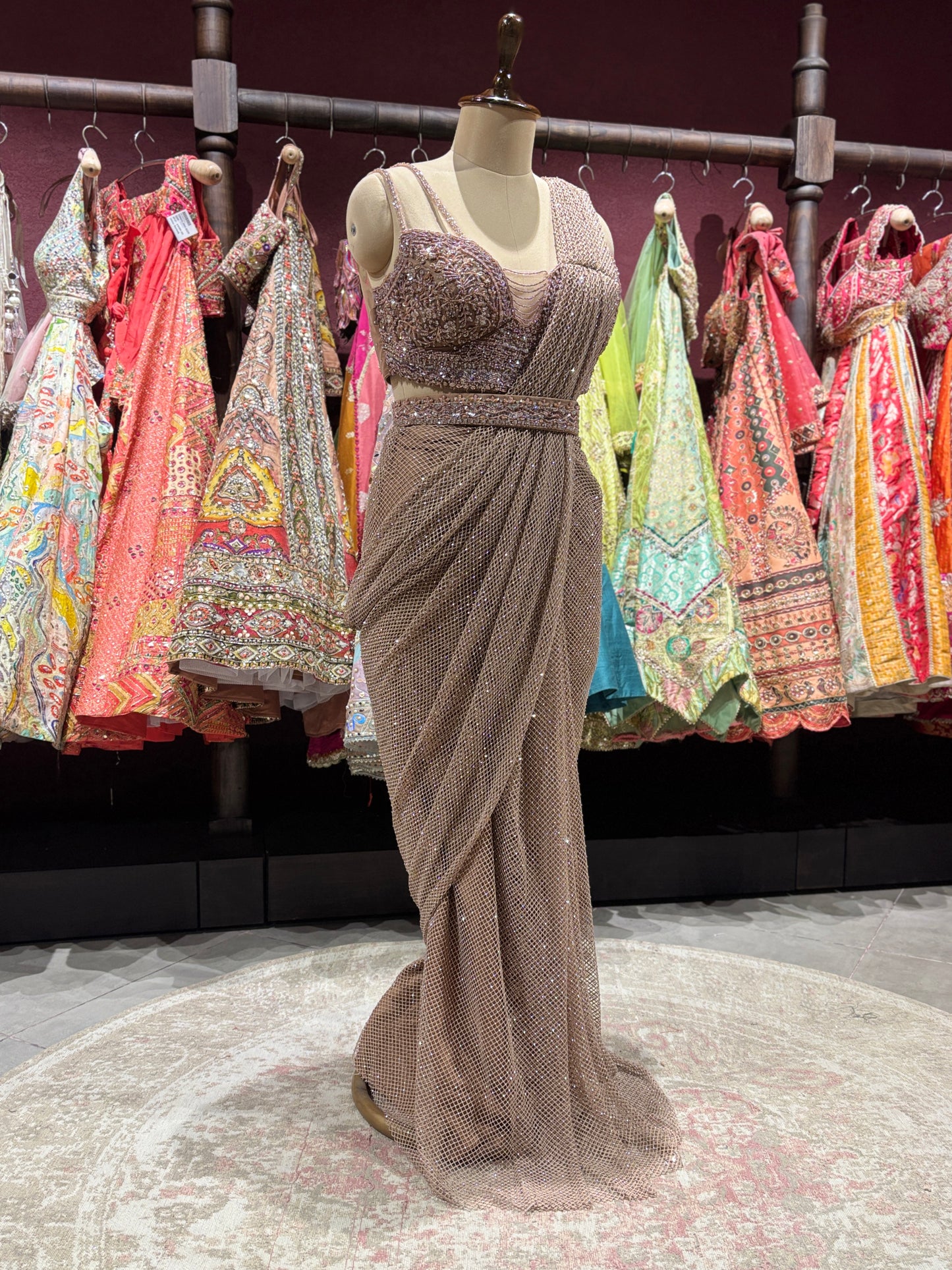 Mocha Brown Net Embroidered Designer Party Wear Drape Saree