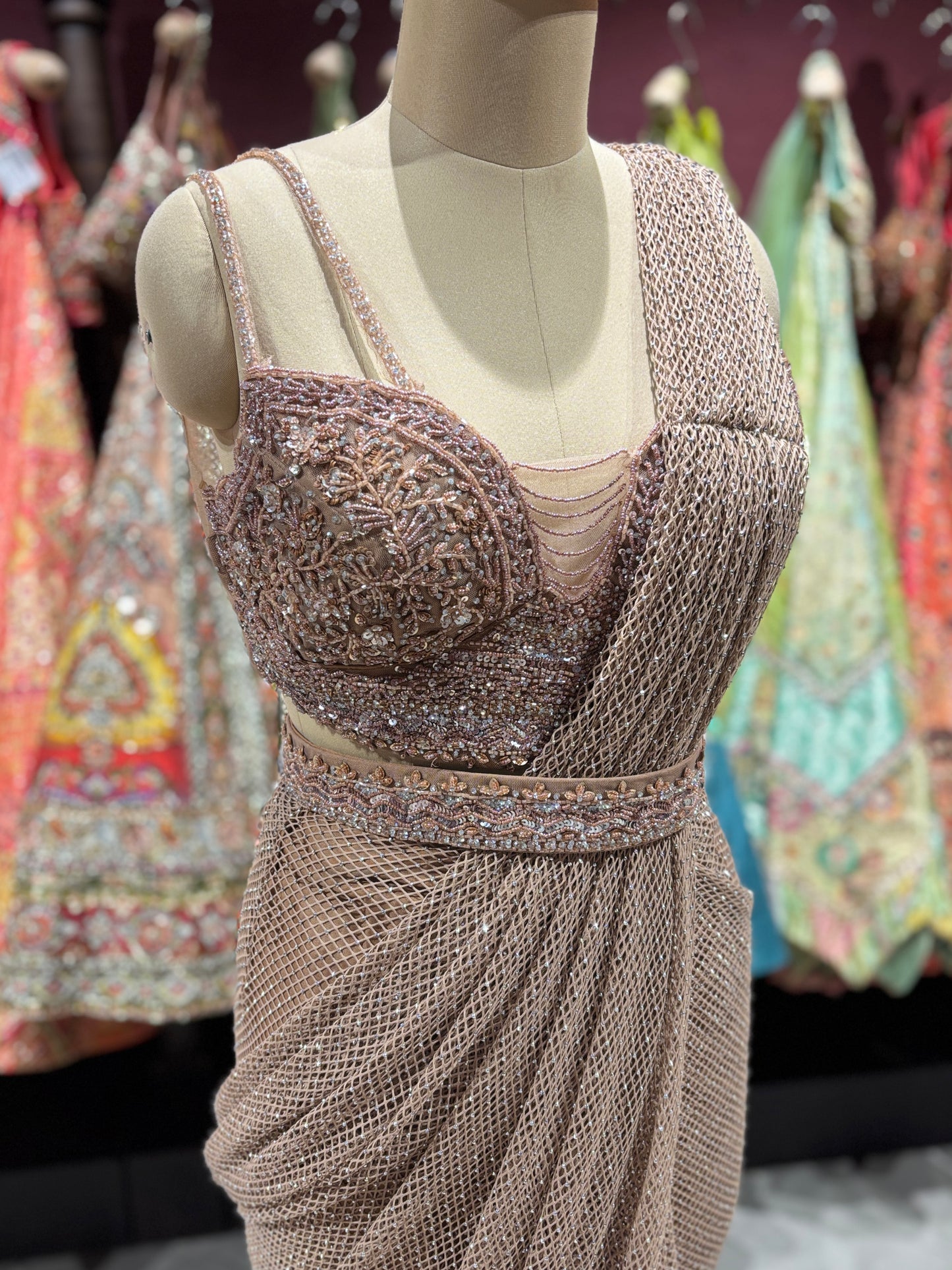 Mocha Brown Net Embroidered Designer Party Wear Drape Saree