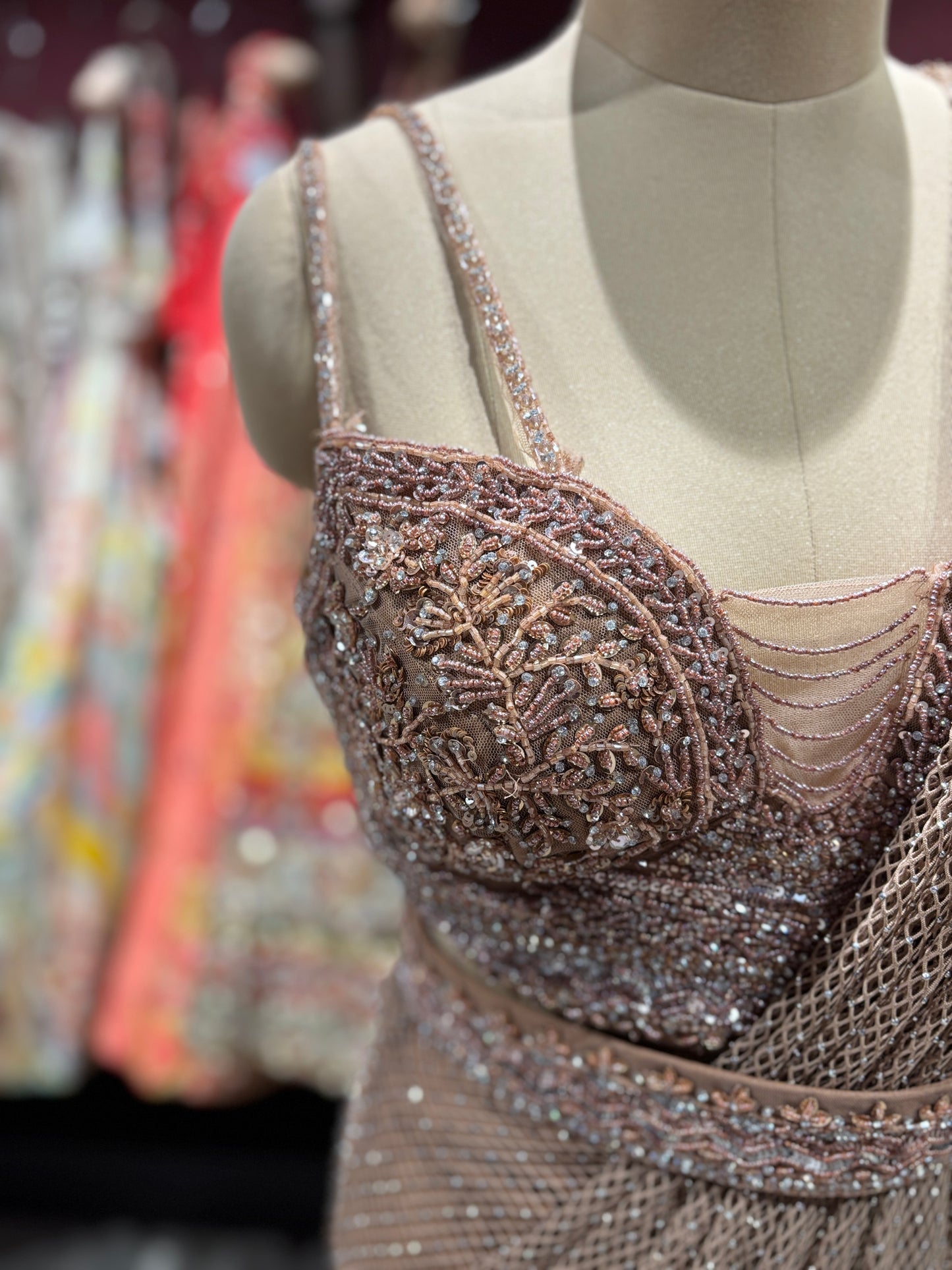 Mocha Brown Net Embroidered Designer Party Wear Drape Saree