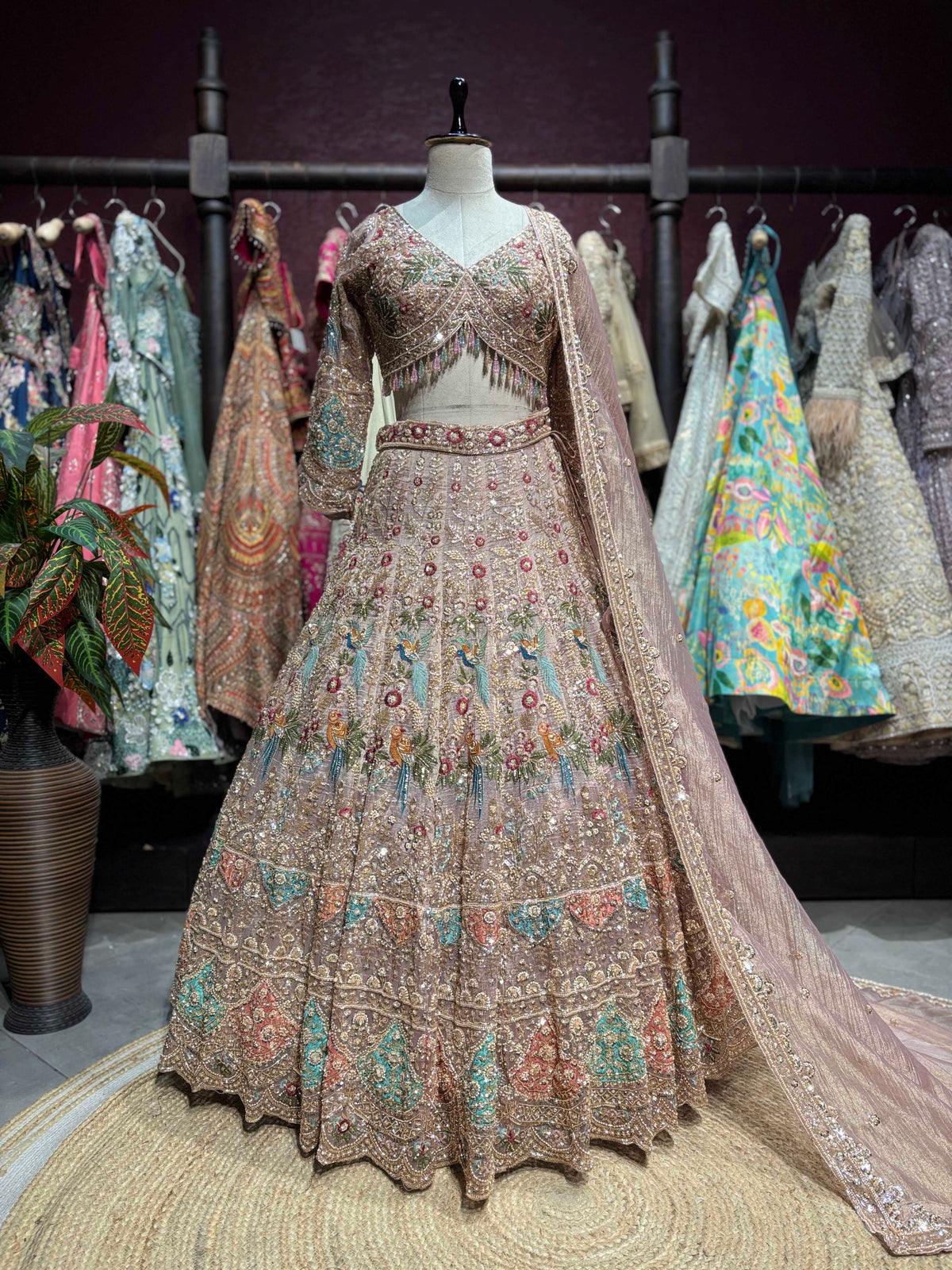 Champagne Gold Peacock Embroidered Designer Lehenga Set