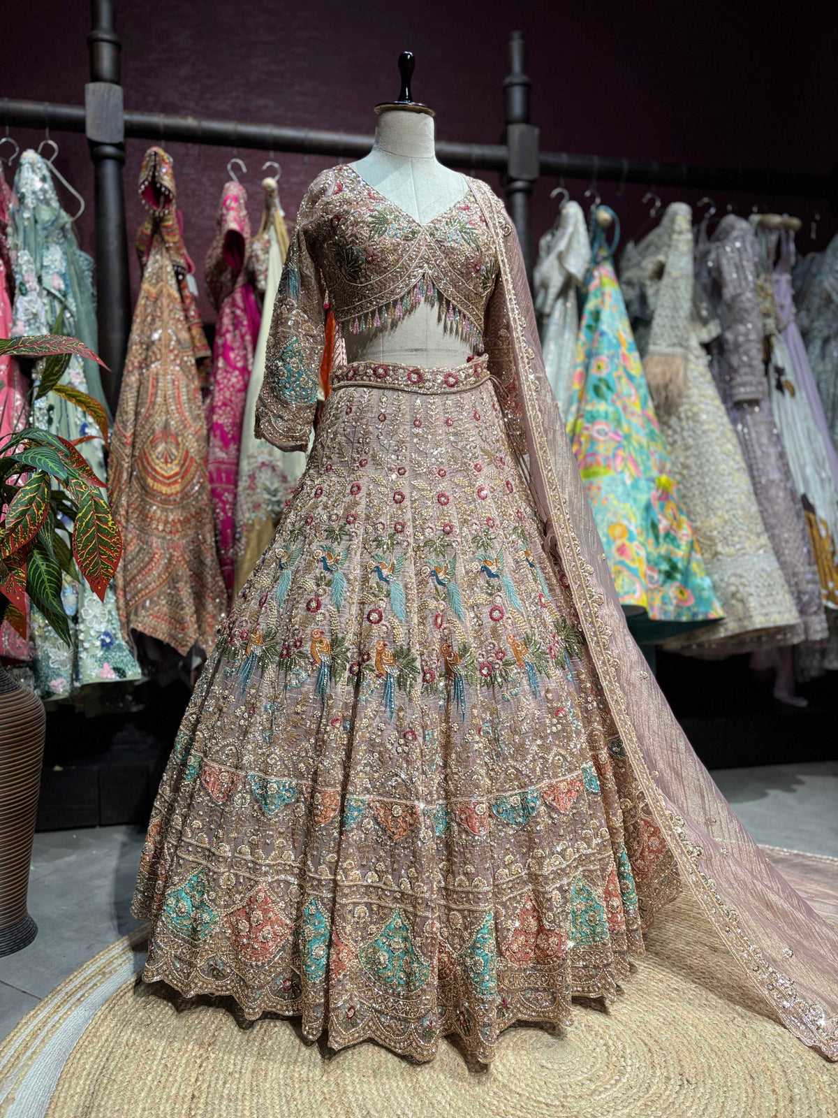 Champagne Gold Peacock Embroidered Designer Lehenga Set