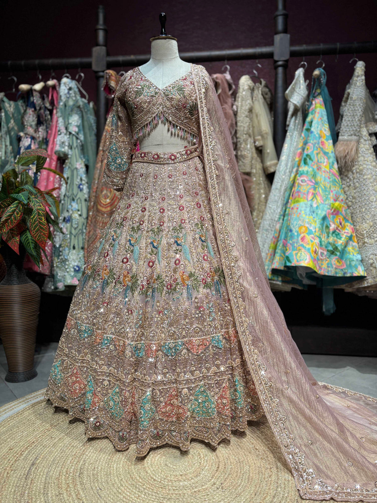 Champagne Gold Peacock Embroidered Designer Lehenga Set