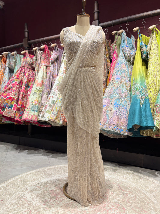 Champagne Gold Sequin Net Designer Party Wear Drape Saree