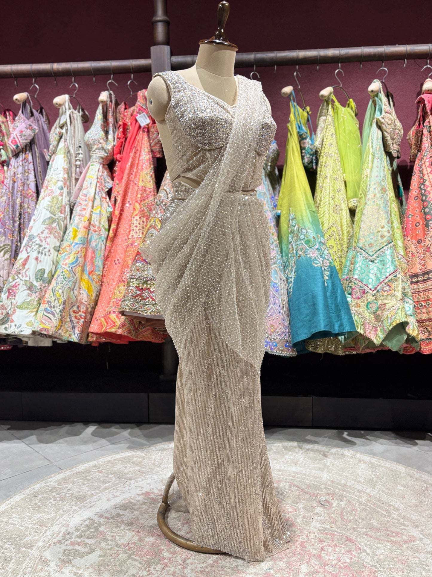 Champagne Gold Sequin Net Designer Party Wear Drape Saree