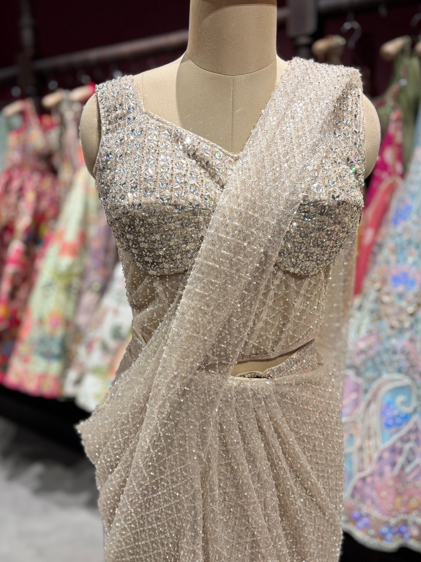 Champagne Gold Sequin Net Designer Party Wear Drape Saree