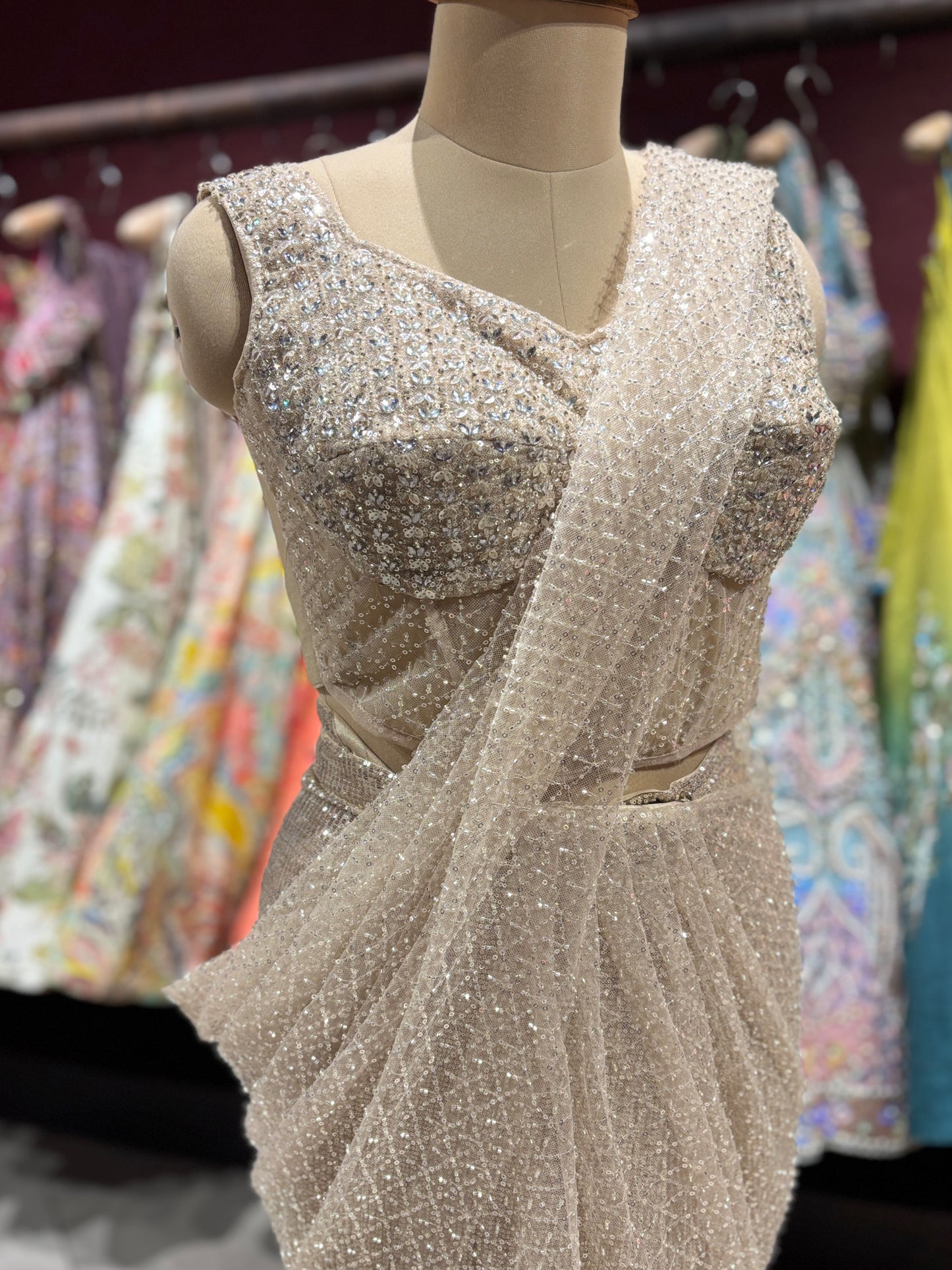 Champagne Gold Sequin Net Designer Party Wear Drape Saree