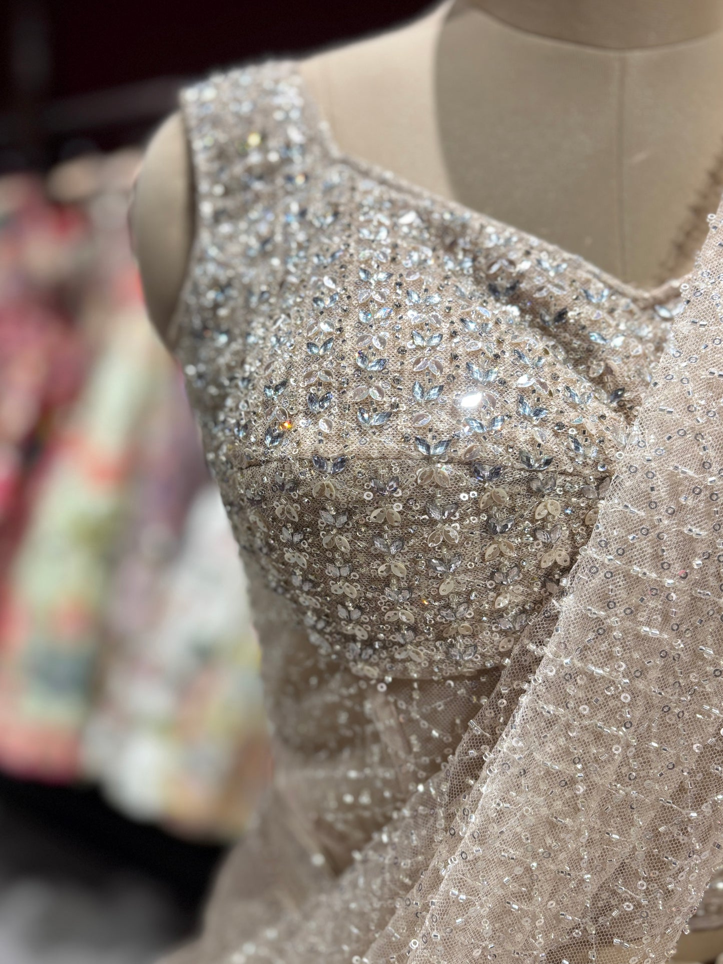 Champagne Gold Sequin Net Designer Party Wear Drape Saree