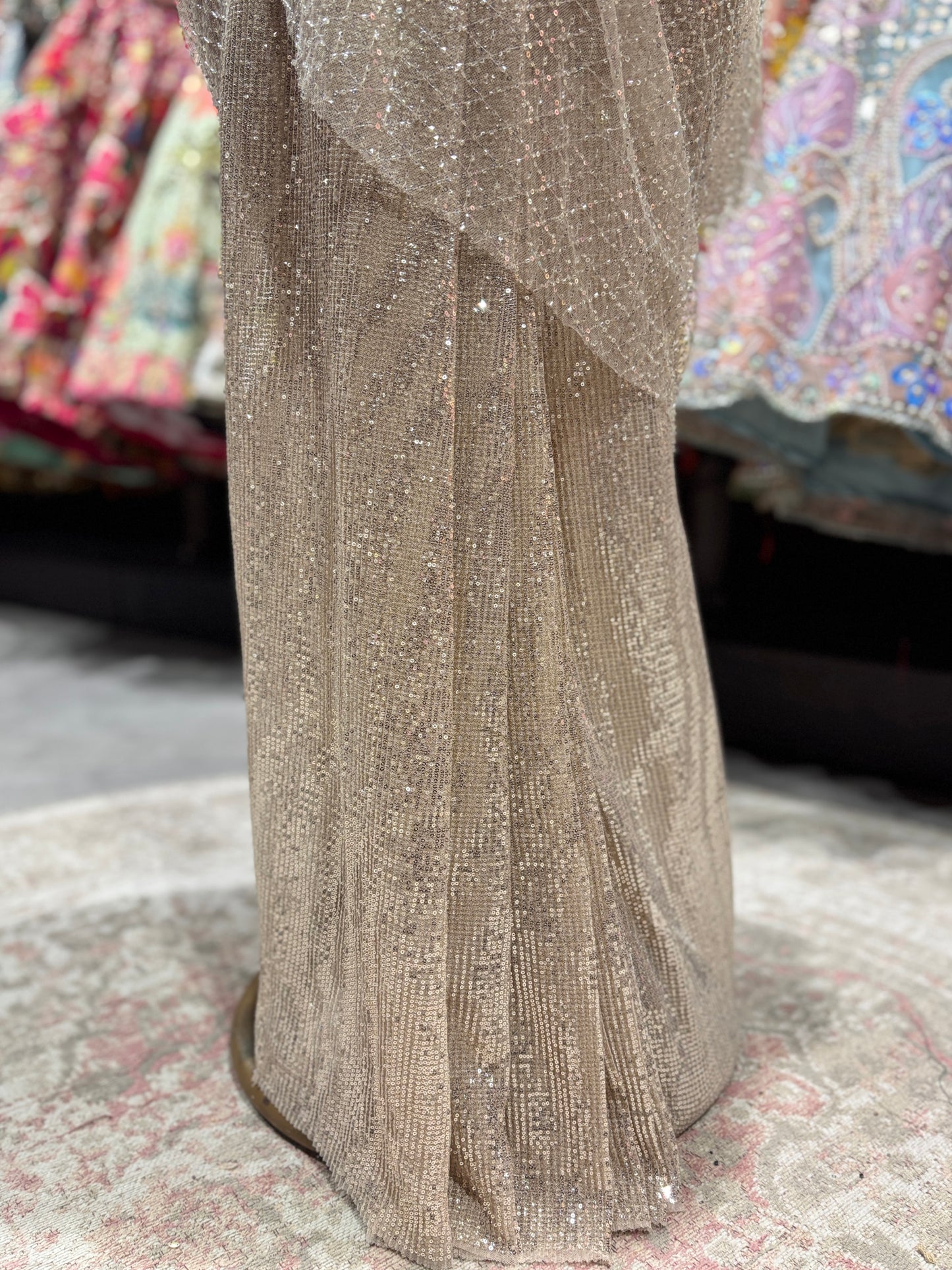 Champagne Gold Sequin Net Designer Party Wear Drape Saree