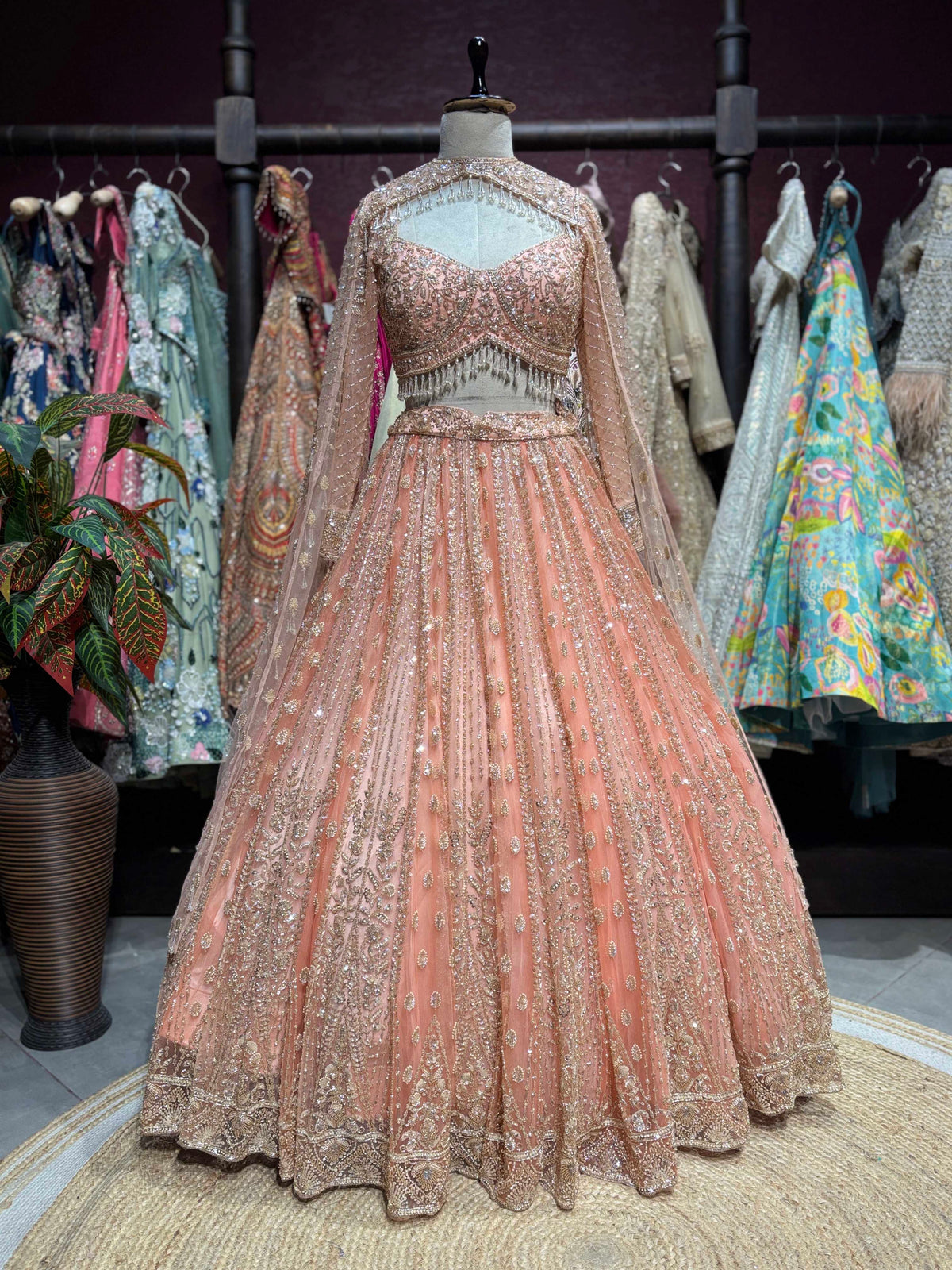 Peach Rose Gold Embroidered Designer Lehenga Set