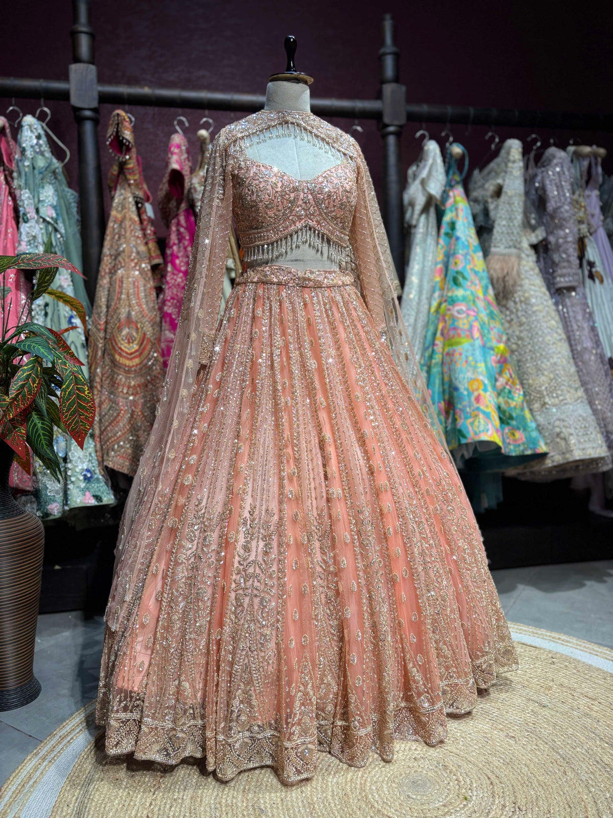 Peach Rose Gold Embroidered Designer Lehenga Set
