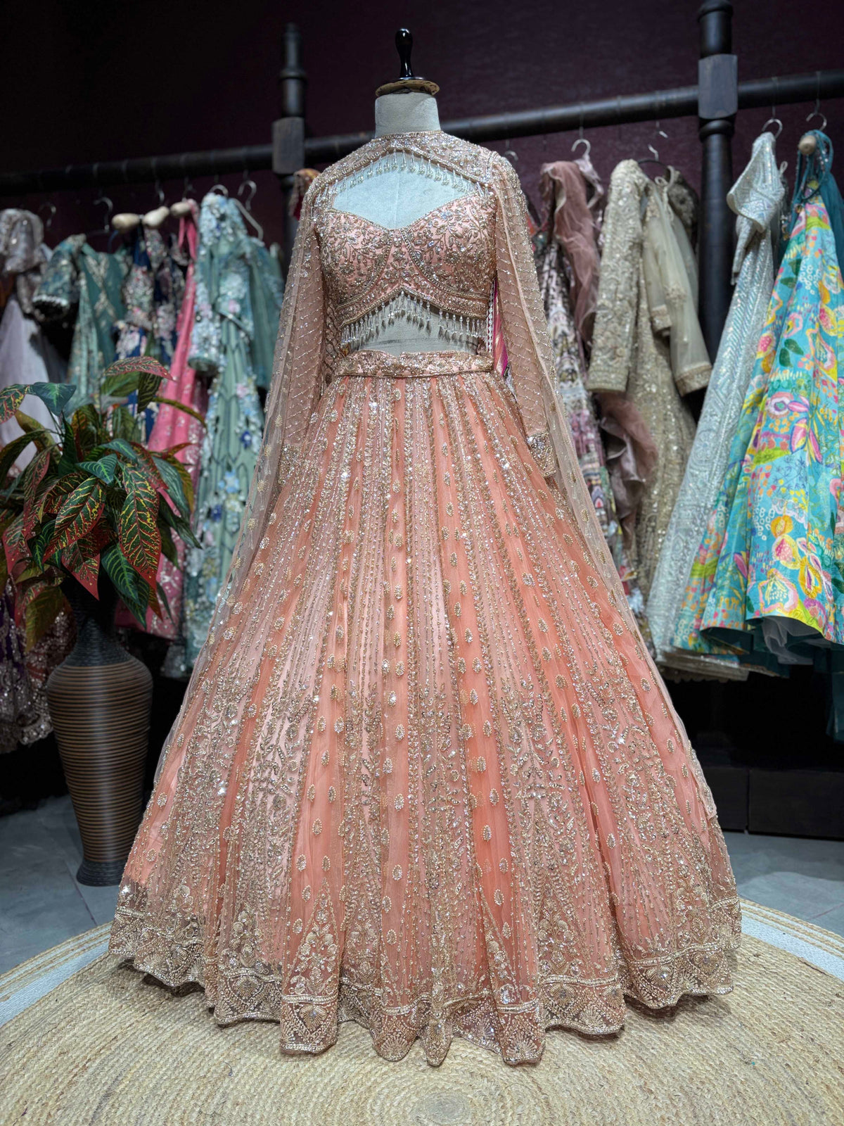 Peach Rose Gold Embroidered Designer Lehenga Set