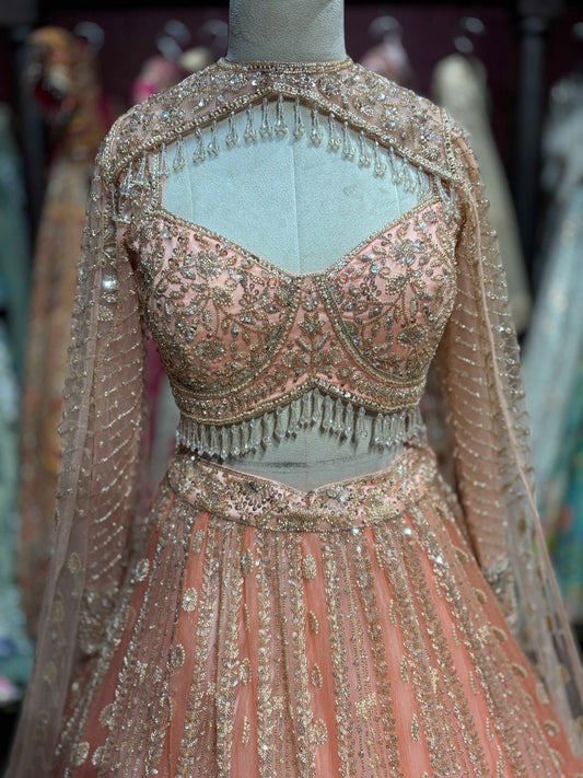 Peach Rose Gold Embroidered Designer Lehenga Set