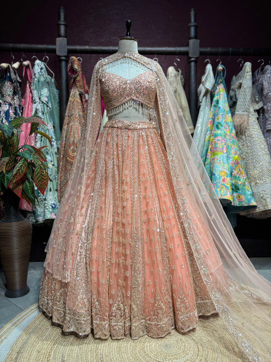 Peach Rose Gold Embroidered Designer Lehenga Set