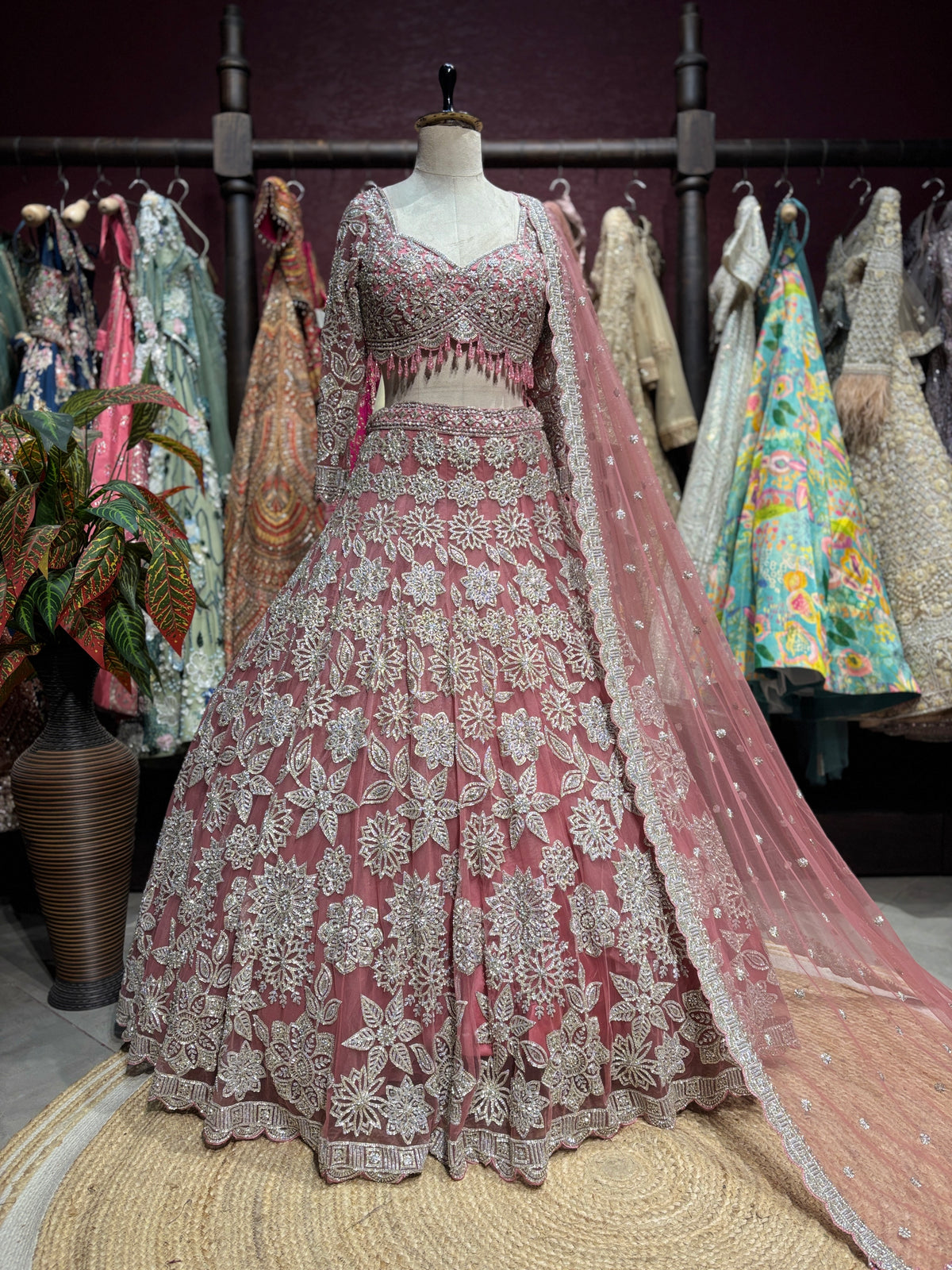 Dusty Rose Silver Floral Embroidered Designer Lehenga Set