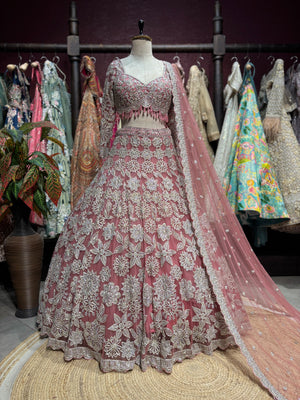 Dusty Rose Silver Floral Embroidered Designer Lehenga Set