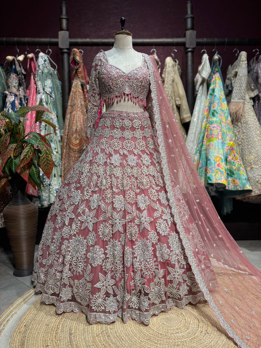Dusty Rose Silver Floral Embroidered Designer Lehenga Set