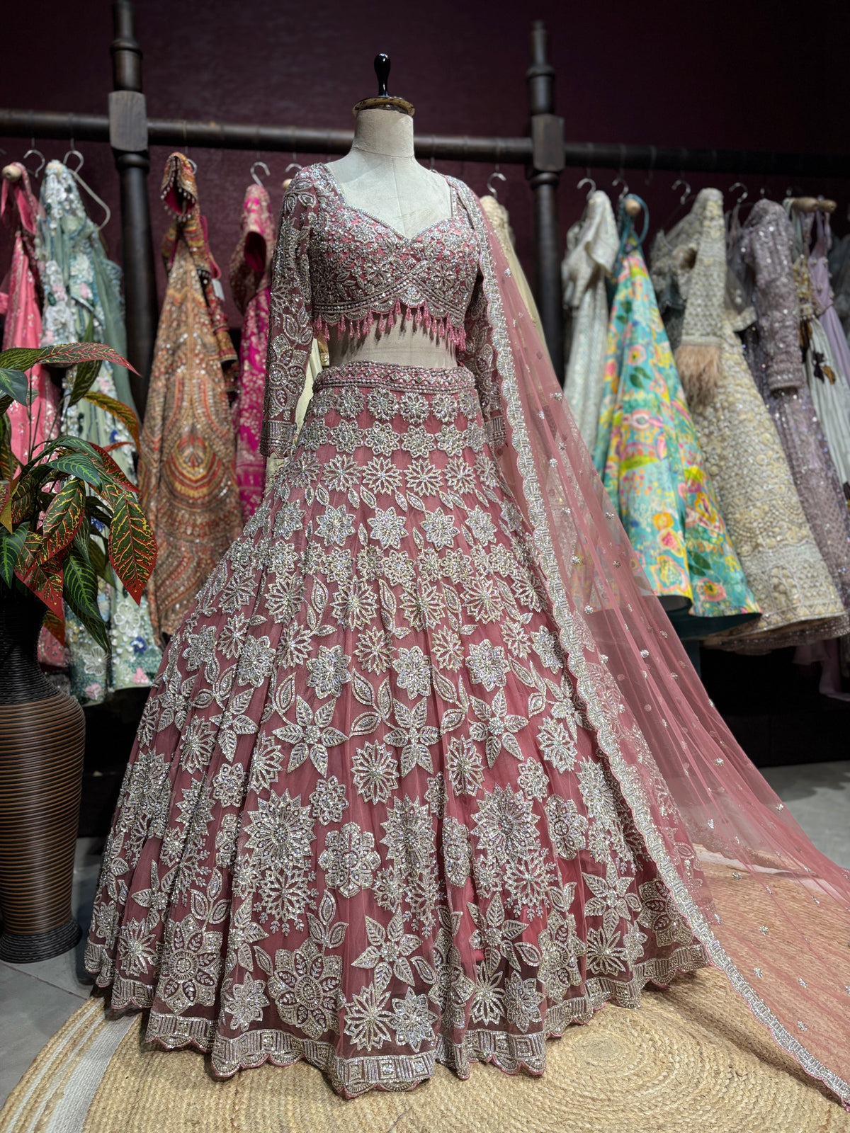 Dusty Rose Silver Floral Embroidered Designer Lehenga Set