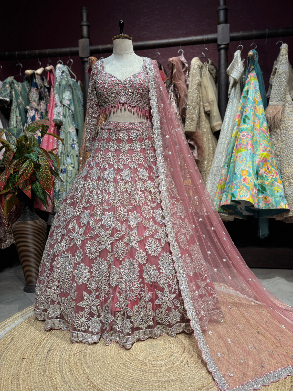 Dusty Rose Silver Floral Embroidered Designer Lehenga Set