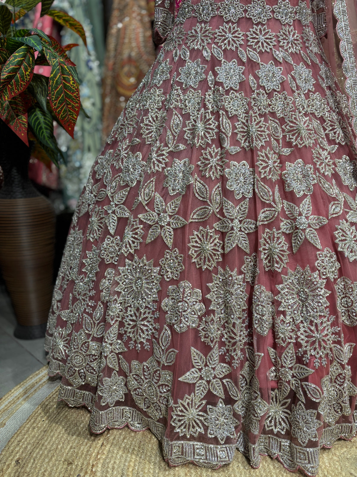 Dusty Rose Silver Floral Embroidered Designer Lehenga Set