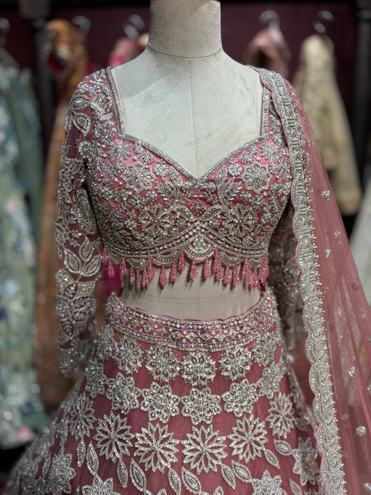 Dusty Rose Silver Floral Embroidered Designer Lehenga Set