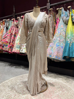Champagne Beige Drape Saree with Embroidered Blouse