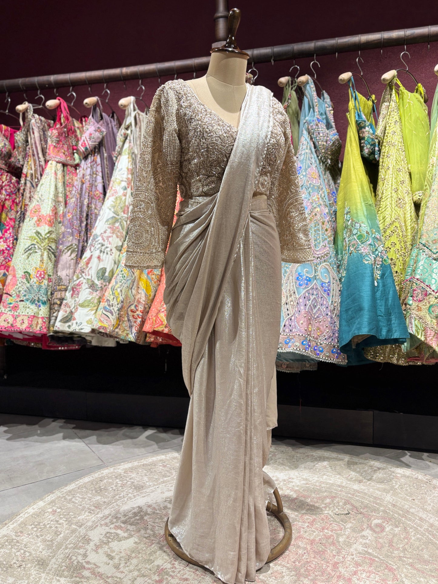Champagne Beige Drape Saree with Embroidered Blouse