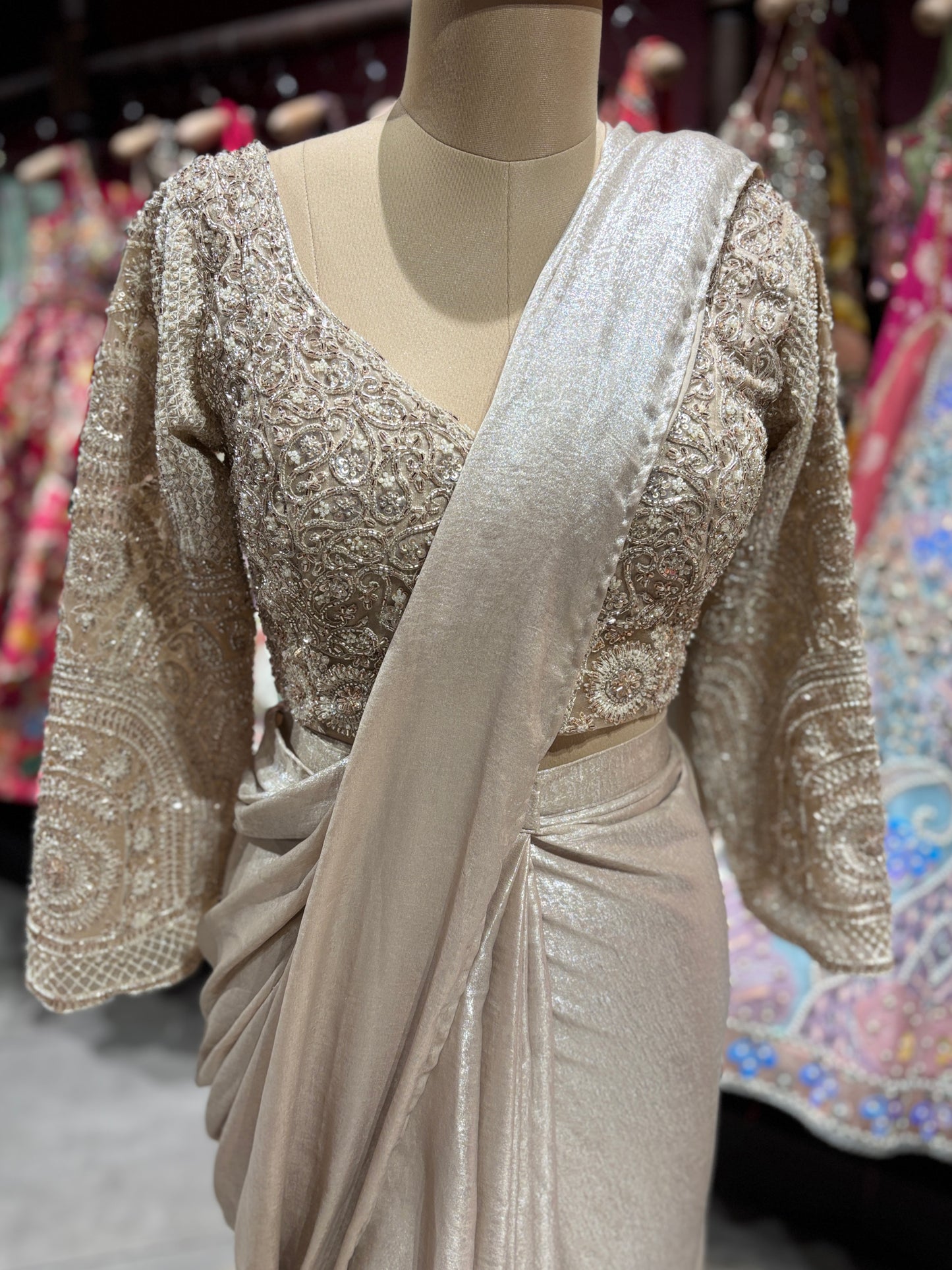 Champagne Beige Drape Saree with Embroidered Blouse